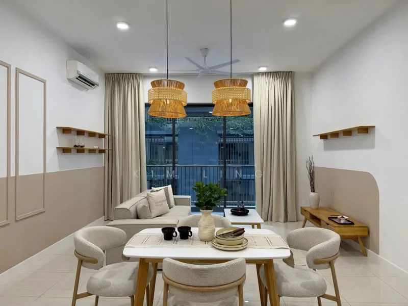Living features: sofa with cushions, coffee table, dining table with chairs, 5-blade ceiling fan with light, wall-mounted air conditioning unit, floor-to-ceiling windows, sheer curtains, wooden side table, decorative plant, wall shelves, light-colored tiled flooring, accent wall with beige paint, white painted walls, recessed downlights; style: modern.