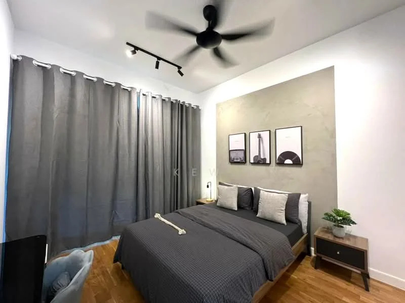 Bedroom features: king-size bed with grey bedding, upholstered headboard, 2 bedside tables with lamps, grey curtains, exposed concrete accent wall, wooden flooring, 5-blade ceiling fan, track lighting, framed artwork on wall, decorative plant in ceramic pot; style: modern.