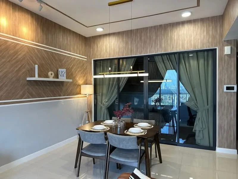 Dining features: 6-seater dining table, upholstered dining chairs, wooden dining table, pendant light fixture, floor-to-ceiling sliding glass door, sheer curtains, wood panel accent wall, white painted walls, recessed downlights, decorative wall shelf; style: modern.