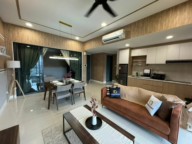 Living features: 3-seater fabric sofa in brown, wooden coffee table, area rug, wall-mounted TV, ceiling fan with light, recessed downlights, decorative plant in ceramic pot, dining table with 4 chairs, glass sliding door, curtains, built-in cabinetry, kitchenette with countertop, microwave, refrigerator; style: modern; view: city. Balcony view: city.