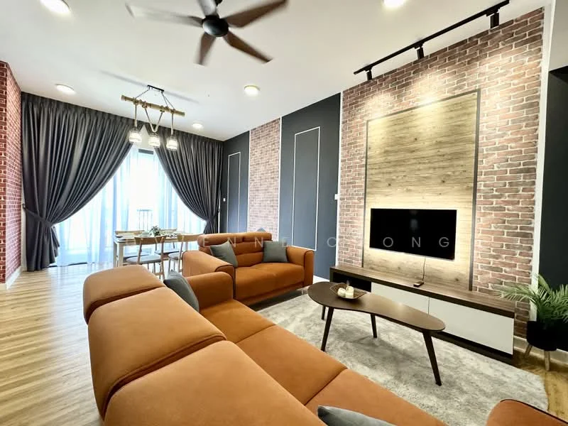 Living features: 3-seater fabric sofa in orange, 2-seater fabric sofa in orange, coffee table with wooden top, wall-mounted TV, feature wall with wood paneling, exposed brick wall, recessed downlights, ceiling fan with light, area rug with neutral color, large windows with sheer curtains, dining table with chairs visible in background; style: modern; view: city.