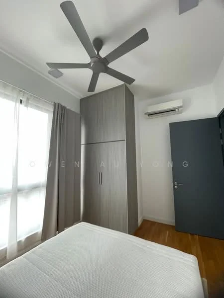 Bedroom features: wooden flooring, grey built-in wardrobe, 5-blade ceiling fan, floor-to-ceiling windows, sheer curtains, air conditioning unit, white walls, light-colored bedding; style: modern.