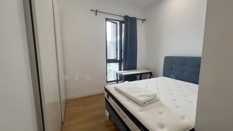 Bedroom features: queen-size bed with upholstered headboard, white bedding, wooden flooring, floor-to-ceiling window, blue curtains, nightstand, mirror-fronted wardrobe, white painted walls; style: modern.