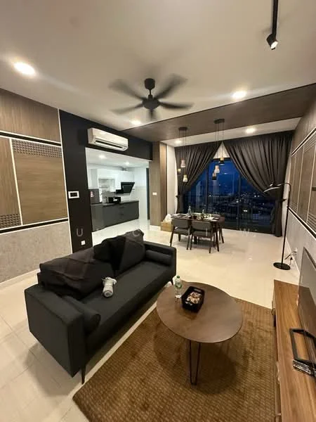 Living features: 3-seater fabric sofa in black, wooden coffee table, area rug with natural texture, ceiling fan with light, wall-mounted TV, floor-to-ceiling windows, blackout curtains, recessed downlights, decorative pendant lights, dining table with chairs visible in background, kitchen area visible in background; style: modern; view: city.