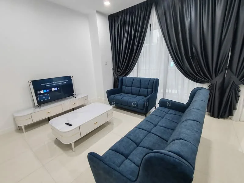 Living features: blue fabric 3-seater sofa, blue fabric 2-seater sofa, white coffee table with gold accents, wall-mounted TV, white TV console with drawers, floor-to-ceiling windows, blackout curtains, light-colored tiled flooring, recessed ceiling lights; style: modern.
