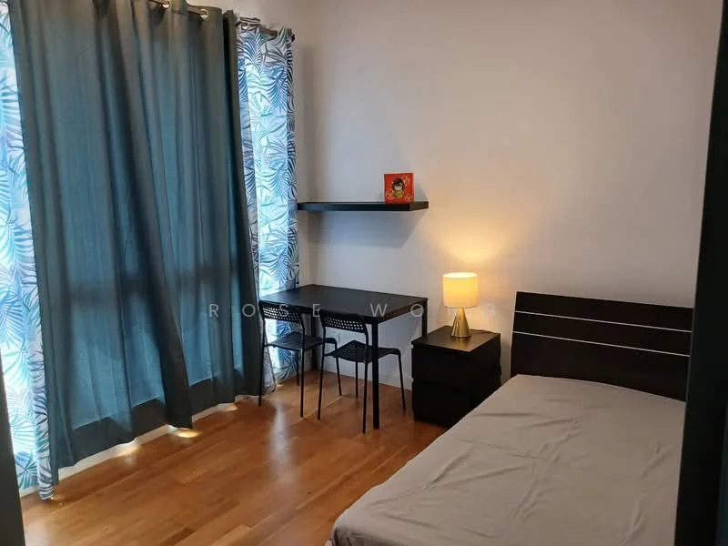 Bedroom features: queen-size bed, wooden flooring, blue curtains with floral pattern, wall-mounted shelf, desk with chair, table lamp, nightstand, white painted walls; style: modern.