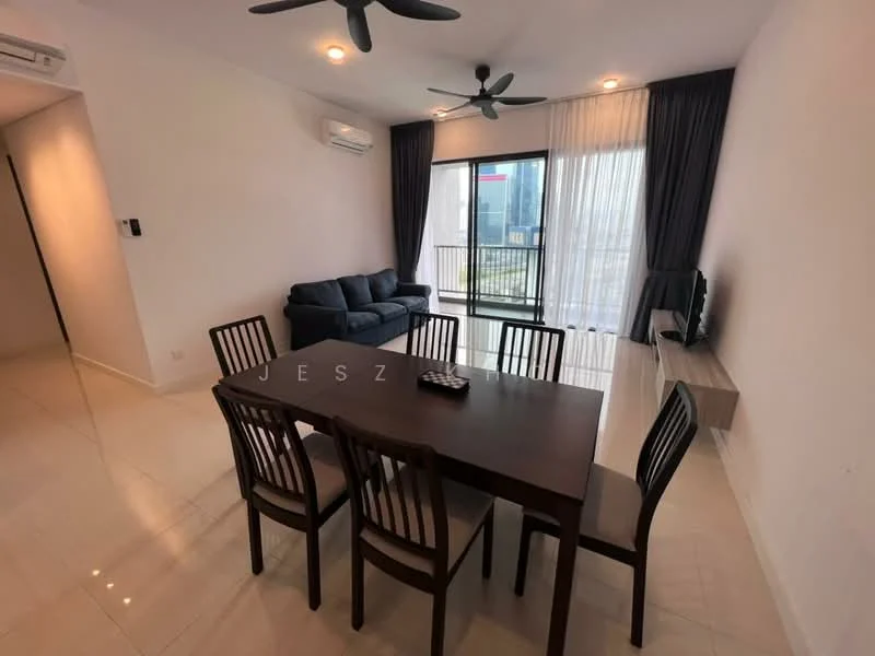 Living features: 3-seater fabric sofa in navy blue, 4-seater dining table in dark wood, 6 dining chairs, floor-to-ceiling windows, sheer curtains, blackout curtains, wall-mounted TV, TV console in light wood, recessed downlights, 2-blade ceiling fans, cream painted walls, glossy tile flooring; style: modern; view: city.