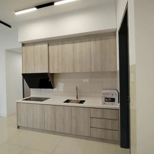 Kitchen features: light wood cabinetry, white countertop, built-in oven, stainless-steel sink, chrome pull-down faucet, ceramic tile backsplash, induction cooktop, exhaust hood, drawer storage, open shelving, recessed LED downlights, wall-mounted microwave; style: modern.