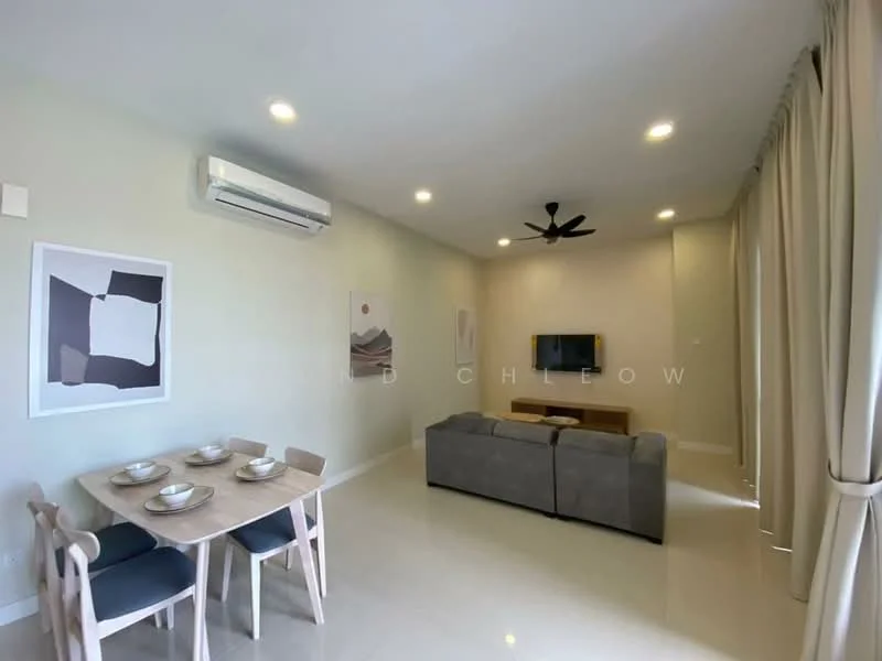 Living features: sofa in grey fabric, coffee table, wall-mounted TV, TV console, 5-blade ceiling fan with light, recessed LED downlights, cream painted walls, white tiled flooring, floor-to-ceiling windows with sheer curtains, decorative artwork on walls, dining table with 4 chairs; style: modern.