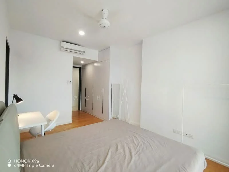 Bedroom features: queen-size bed, upholstered headboard, 2 bedside lamps, study desk, white walls, wooden flooring, 1 wall-mounted split AC, 5-blade ceiling fan, built-in wardrobe, natural light from window; style: modern.