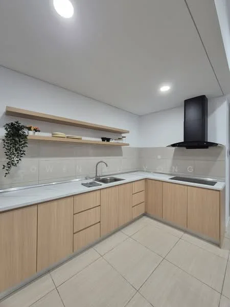 Kitchen features: light wood cabinetry, white marble countertop, stainless-steel sink, chrome pull-down faucet, built-in stove, built-in range hood, open shelving, tile flooring, recessed ceiling lights; style: modern.