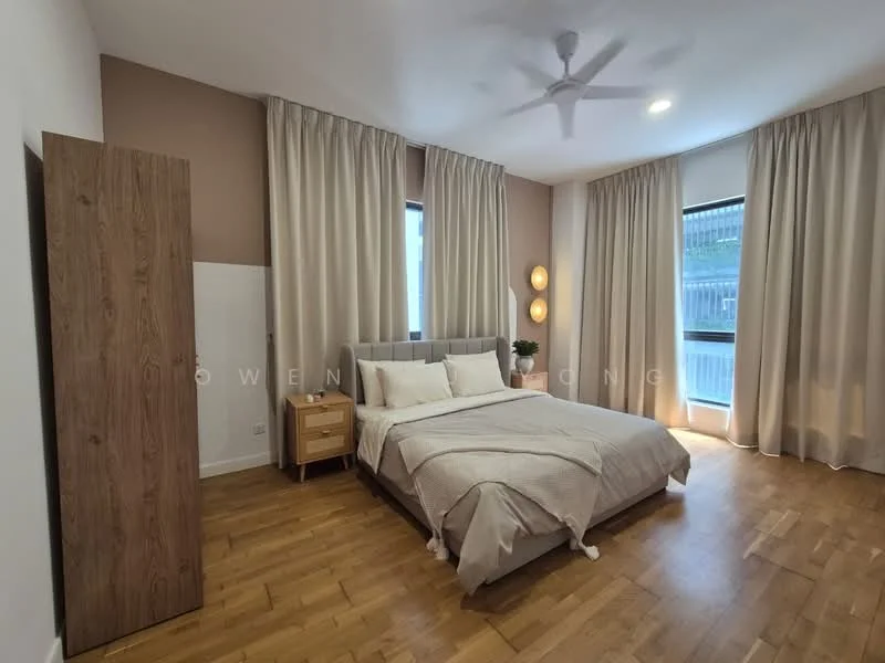 Bedroom features: king-size bed with light grey bedding, upholstered headboard, wooden bedside table, wooden wardrobe, floor-to-ceiling windows, sheer curtains, 5-blade ceiling fan, wooden flooring, decorative wall lights, neutral painted walls; style: modern.