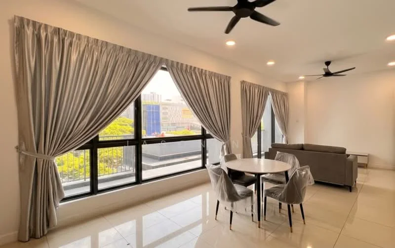 Living features: floor-to-ceiling windows, grey fabric sofa, round dining table, upholstered dining chairs, white walls, recessed downlights, 2 ceiling fans, curtains with sheer and blackout options, tile flooring; style: modern; view: city.