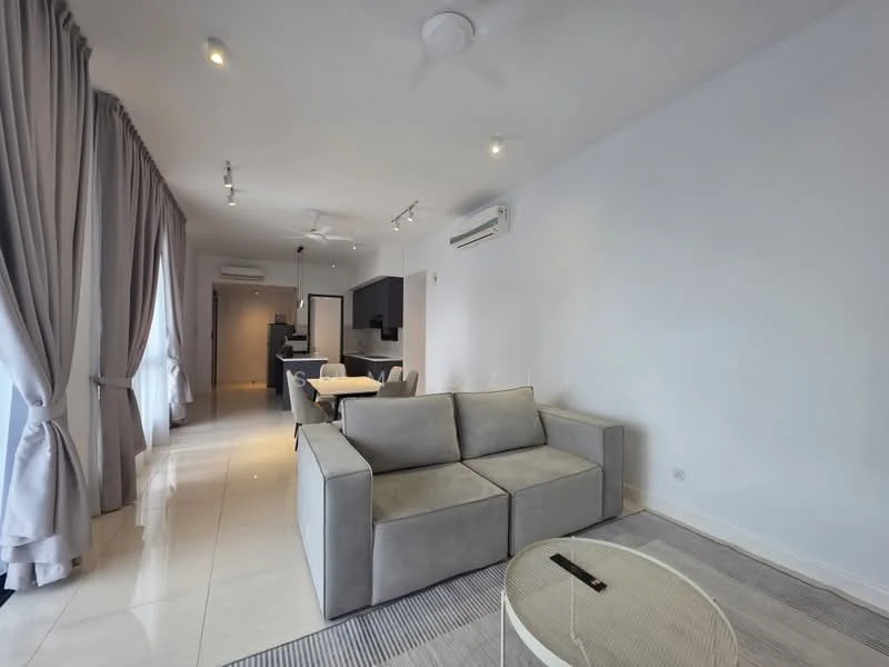 Living features: 3-seater fabric sofa in grey, coffee table, area rug, floor-to-ceiling windows with sheer curtains, recessed LED downlights, ceiling fan, wall-mounted split AC, light-coloured walls, tile flooring, decorative wall art; style: modern.