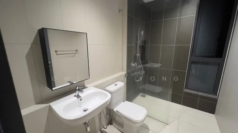Bathroom features: white ceramic sink, chrome basin mixer faucet, two-piece toilet, walk-in shower with glass enclosure, handheld shower, wall-mounted mirror, grey tiled walls, light-colored floor tiles, recessed lighting; style: modern.