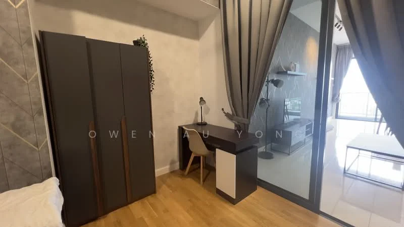 Room features: grey accent wall, wooden flooring, built-in wardrobe with dark finish, study desk with white and black finish, desk lamp, chair, floor-to-ceiling glass door, curtains, decorative plant; style: modern; view: city.