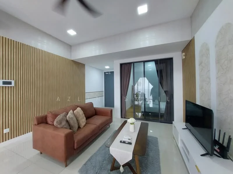 Living features: 3-seater fabric sofa in rust color, decorative cushions, wooden coffee table, area rug with soft texture, wall-mounted TV, feature wall with wood paneling, white painted walls, sliding glass door, floor-to-ceiling windows with sheer curtains, recessed ceiling lights, ceiling fan; style: modern.
