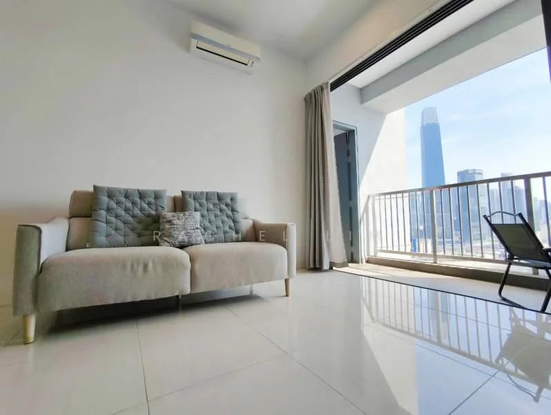 Living features: 2-seater fabric sofa in light grey, floor-to-ceiling windows, sliding glass door, white painted walls, glossy tile flooring, curtains, air conditioning unit, city skyline view, balcony access, decorative cushions; style: modern; view: city.