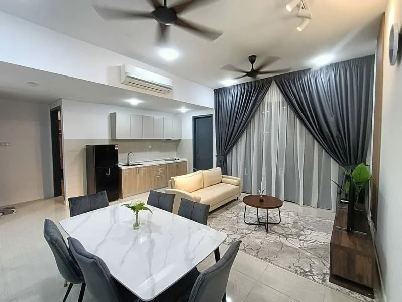 Living features: 3-seater fabric sofa in beige, coffee table, area rug with marble pattern, wall-mounted TV, TV console, 5-blade ceiling fan, recessed downlights, floor-to-ceiling windows with sheer curtains, grey curtains, marble tile flooring, white painted walls, open-plan layout with kitchen and dining area; style: modern. Kitchen features: white cabinetry, stainless-steel fridge, built-in oven, 4-burner gas hob, single-bowl stainless-steel sink, chrome pull-down faucet, white quartz countertop, tile backsplash, open shelving; style: modern. Dining features: 6-seater dining table with marble top, upholstered dining chairs, decorative plant on table; style: modern.