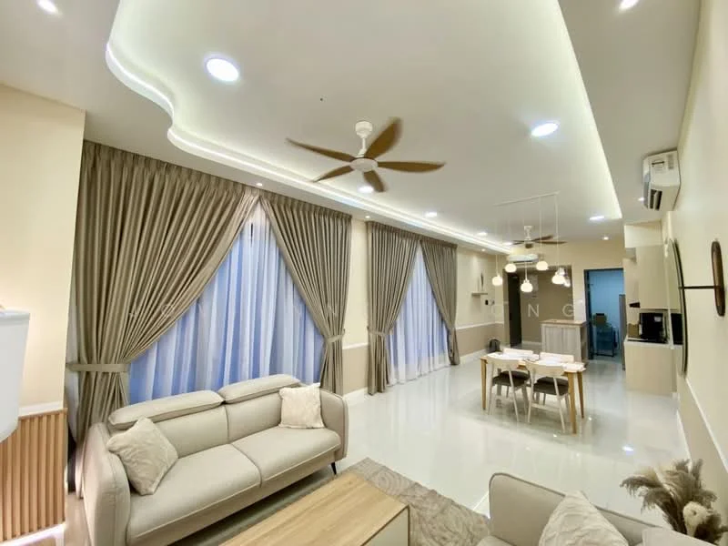 Living features: 5-blade ceiling fan with light, recessed LED downlights, cream painted walls, white tiled flooring, floor-to-ceiling windows with sheer curtains, beige fabric sofa, wooden coffee table, dining table with chairs, decorative wall art, light fixtures with pendant lamps, open layout, neutral color palette; style: modern.