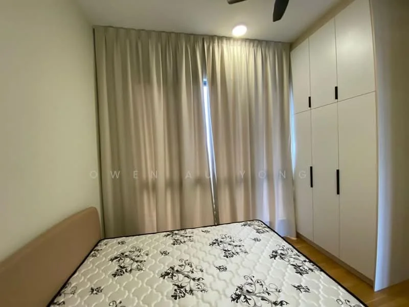 Bedroom features: queen-size bed with beige upholstered headboard, white bedding with floral pattern, floor-to-ceiling window with sheer curtains, built-in wardrobe with white cabinet doors and black handles, wooden flooring, ceiling fan, light-colored walls; style: modern.