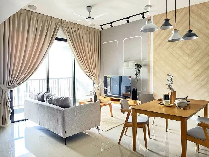 Living features: 3-seater fabric sofa in light grey, wooden coffee table, TV console, wall-mounted TV, floor-to-ceiling windows, sheer curtains, recessed downlights, ceiling fan, decorative plant, area rug, wood accent wall, dining table with 4 chairs; style: modern; view: garden.