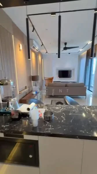Kitchen features: black marble countertop, stainless-steel sink, chrome pull-down faucet, built-in oven, freestanding range oven, white cabinetry, recessed downlights, open shelving, wall-mounted split AC; style: modern. Living features: 3-seater fabric sofa in grey, wall-mounted TV, coffee table, ceiling fan, large windows with sheer curtains; style: modern.
