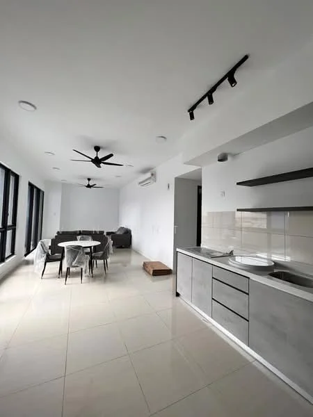 Kitchen features: grey cabinetry, stainless-steel sink, single-bowl stainless-steel sink, chrome pull-down faucet, ceramic tile backsplash, built-in oven, freestanding range oven, recessed downlights; style: modern. Living features: 3-seater fabric sofa in grey, round dining table, 4 dining chairs, ceiling fan, wall-mounted split AC, large windows, tile flooring, white painted walls; style: modern.