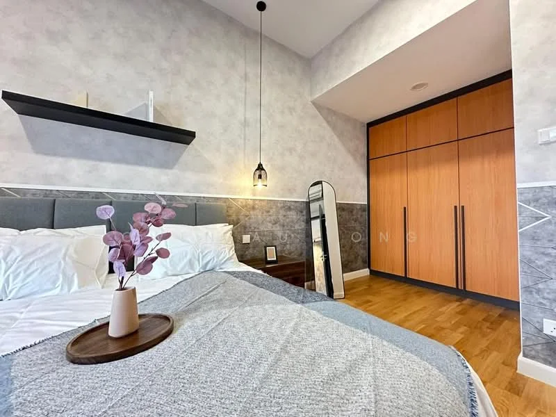 Bedroom features: queen-size bed with white bedding, grey upholstered headboard, wooden bedside table, decorative vase with pink flowers, full-length mirror, wooden flooring, built-in wardrobe with wooden doors, shelf above the bed, pendant light fixture; style: modern.