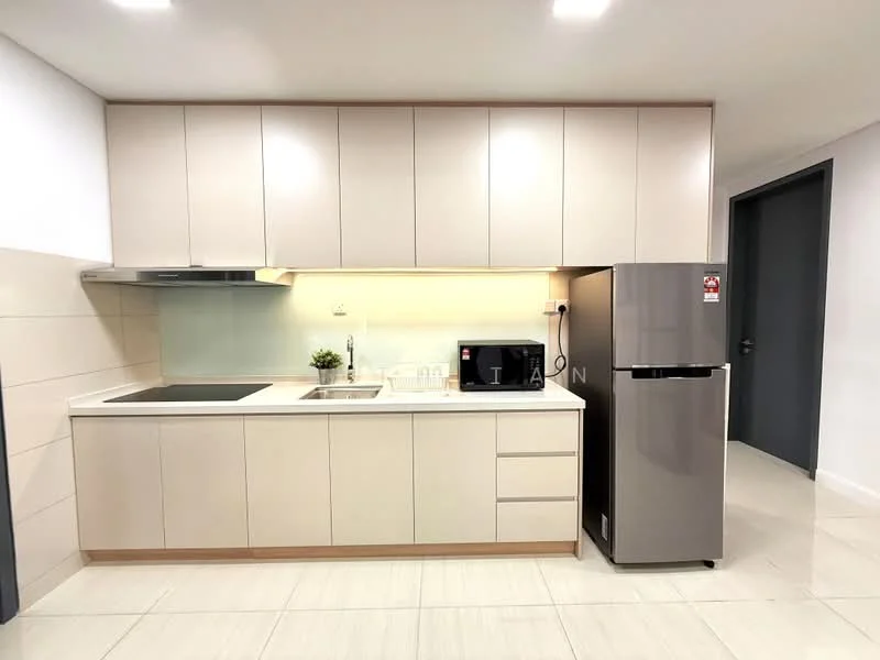 Kitchen features: light beige cabinetry, white countertop, single-bowl stainless-steel sink, chrome pull-down faucet, built-in electric cooktop, microwave, stainless-steel fridge, tile backsplash, under-cabinet lighting, ceramic tile flooring, recessed ceiling lights; style: modern.
