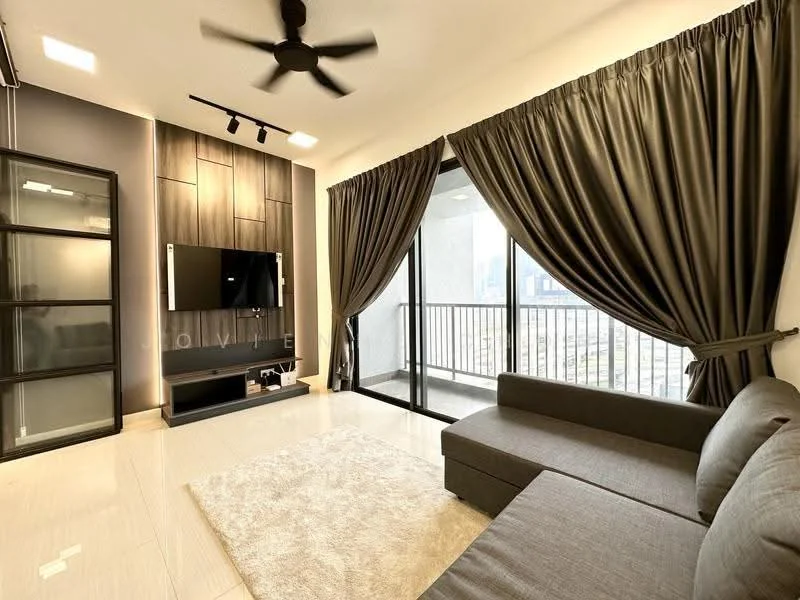 Living features: 3-seater fabric sofa in grey, area rug with geometric pattern, wall-mounted TV, TV console, 5-blade ceiling fan with light, floor-to-ceiling windows, blackout curtains, light-colored tile flooring, accent wall with dark wood paneling, recessed LED downlights; style: modern; view: city.