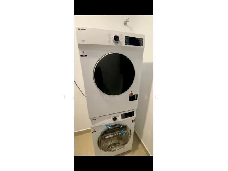 Laundry features: stacked washer and dryer, white appliance finish, digital display, control panel, venting system, drainage hose, energy-efficient model; style: modern.