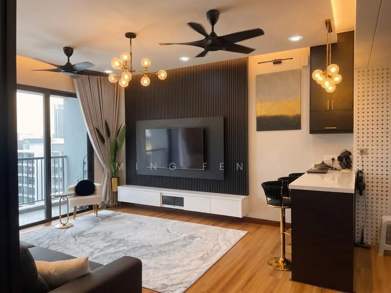 Living features: 3-seater fabric sofa in dark grey, coffee table with metallic base, TV console with wall-mounted TV, feature wall with black vertical slats, recessed downlights, 2 ceiling fans with light, area rug with abstract pattern, large sliding glass door, curtains in light fabric, decorative wall art, bar counter with high stools; style: modern; view: city.