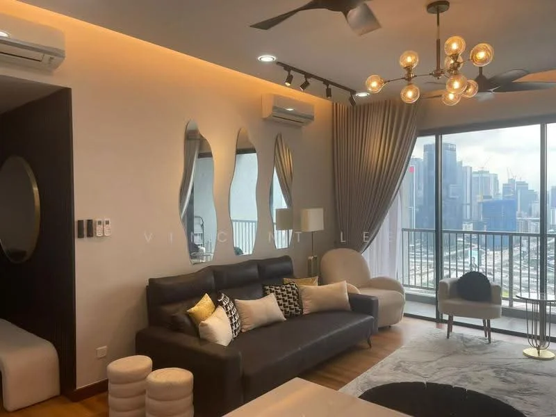 Living features: 3-seater leather sofa in black, 2-seater fabric sofa in light color, round coffee table with marble top, chandelier with multiple bulbs, 5-blade ceiling fan, floor-to-ceiling windows, curtains in light grey, decorative mirrors, wooden flooring, wall-mounted air conditioning unit; style: modern; view: city.