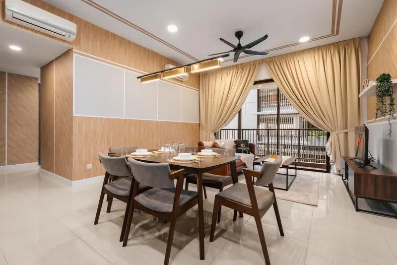 Dining features: 6-seater dining table, wooden dining chairs with upholstered seats, pendant lighting above the table, floor-to-ceiling windows, sheer curtains, cream painted walls, wood panel accent wall, recessed ceiling lights, air conditioning unit on the wall, decorative plant on shelf, TV console with wall-mounted TV; style: modern; view: garden.