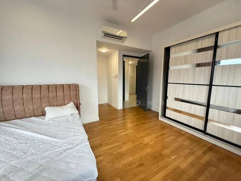 Bedroom features: wooden flooring, upholstered headboard, bedside wall with built-in wardrobe, air conditioning unit, white walls, recessed lighting, floor-to-ceiling windows, neutral color palette; style: modern. Room features: doorway leading to hallway, light fixture.