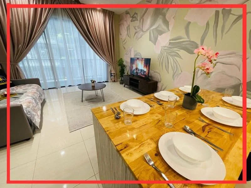 Living features: grey fabric sofa, round coffee table, TV console, wall-mounted TV, area rug, floor-to-ceiling windows with sheer curtains, decorative wall with floral mural, potted plant, recessed lighting, wooden dining table, white plates on table, cutlery on table, glassware on table; style: modern.
