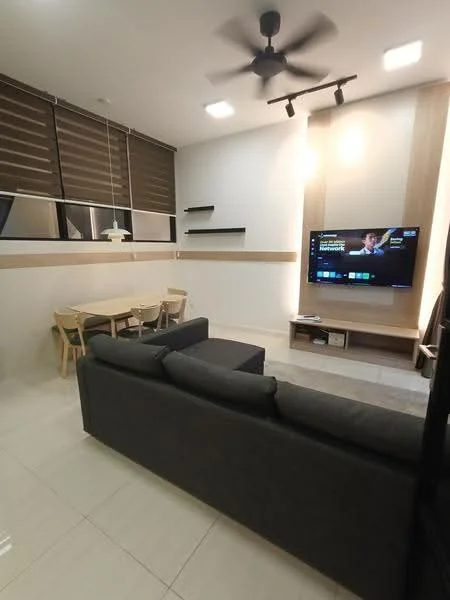 Living features: 3-seater fabric sofa in grey, coffee table, wall-mounted TV, TV console, dining table for 4 with wooden chairs, ceiling fan, recessed LED downlights, wooden shelving unit, white painted walls, glossy tile flooring; style: modern.