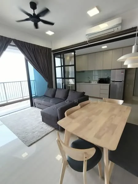 Living features: 3-seater fabric sofa in grey, ceiling fan, recessed LED downlights, floor-to-ceiling windows, sliding glass door, light wood dining table, 2 wooden dining chairs, area rug, kitchenette with cabinets, stainless-steel fridge, kitchen countertop, open layout; style: modern; view: city.