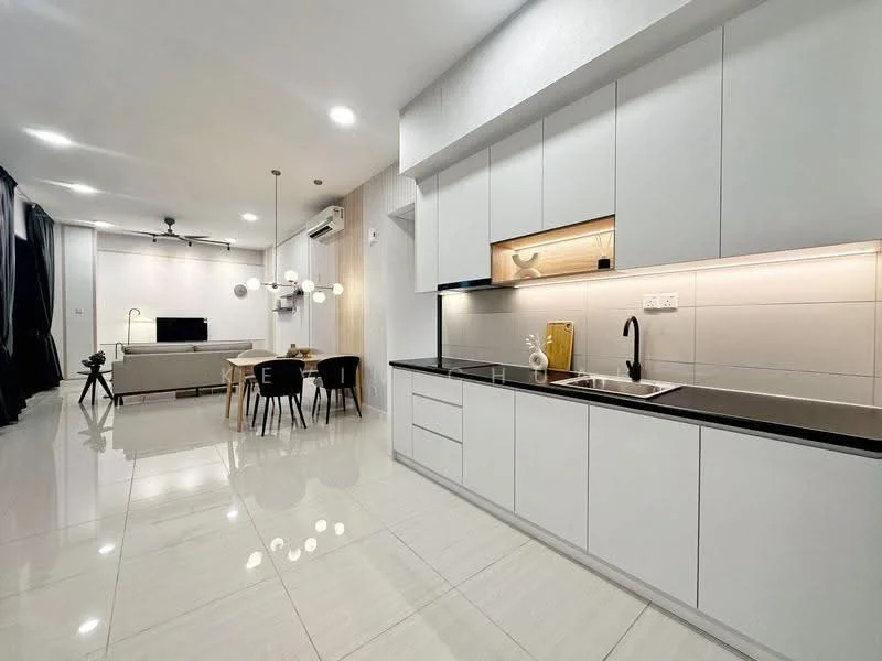 Kitchen features: white cabinetry, black countertop, single-bowl stainless-steel sink, chrome pull-down faucet, built-in oven, stainless-steel range hood, ceramic tile flooring, recessed LED downlights; style: modern. Living features: sofa, coffee table, TV console, wall-mounted TV, dining table with chairs, pendant lighting, ceiling fan, area rug; style: modern.