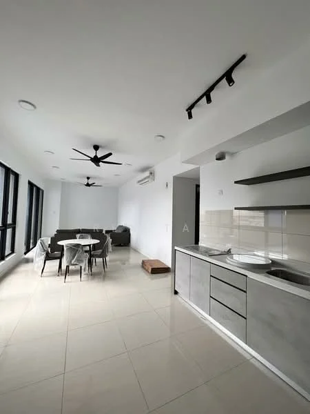 Living features: white painted walls, tile flooring, 5-blade ceiling fan with light, recessed downlights, floor-to-ceiling windows, grey fabric sofa, 6-seater dining table, wooden dining chairs, kitchen cabinetry with countertop, stainless-steel sink, chrome pull-down faucet, open layout; style: modern; view: city.