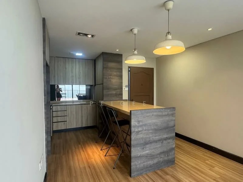 Kitchen features: laminate flooring, grey wood cabinetry, kitchen island with seating, pendant lighting, stainless-steel sink, built-in oven, microwave, recessed lighting, black countertop, open shelving, modern faucet; style: modern.