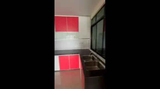 Kitchen features: double-bowl stainless-steel sink, chrome pull-down faucet, red flat-panel cabinets, white flat-panel cabinets, grey countertop, tile backsplash, large window, wall-mounted cabinets; style: modern.