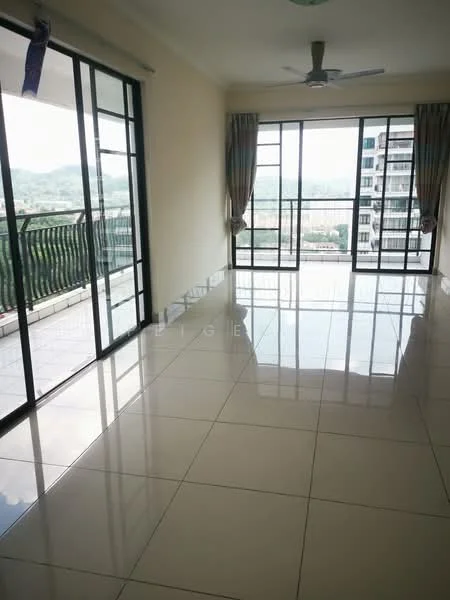 Living features: large floor-to-ceiling windows, sliding glass door, cream painted walls, polished ceramic tile flooring, 5-blade ceiling fan, curtains, balcony access, city view; style: modern; view: city.