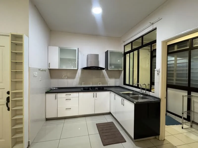 Kitchen features: white cabinetry with flat-panel doors, black granite countertop, double-bowl stainless-steel sink, chrome pull-down faucet, built-in hood range, ceramic tile flooring, wall-mounted cabinets, large window for natural light, recessed downlights, kitchen island, grey mat on the floor; style: modern.
