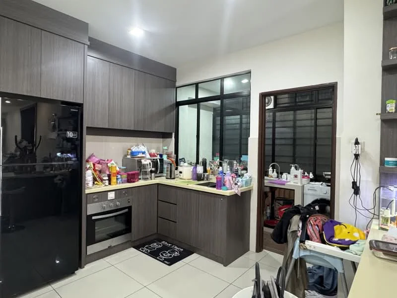 Kitchen features: dark wood cabinetry, black refrigerator, built-in oven, stainless-steel sink, chrome pull-down faucet, countertop with light-colored surface, ceramic tile flooring, window with black frames, kitchen appliances visible, open shelving, multiple kitchen gadgets and utensils, wall-mounted electrical outlets; style: modern.