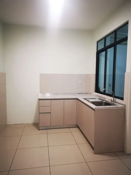 Kitchen features: L-shaped kitchen countertop, stainless-steel sink, chrome pull-down faucet, light beige cabinetry, ceramic tile flooring, white tiled backsplash, large window for natural light, under-cabinet lighting; style: modern.