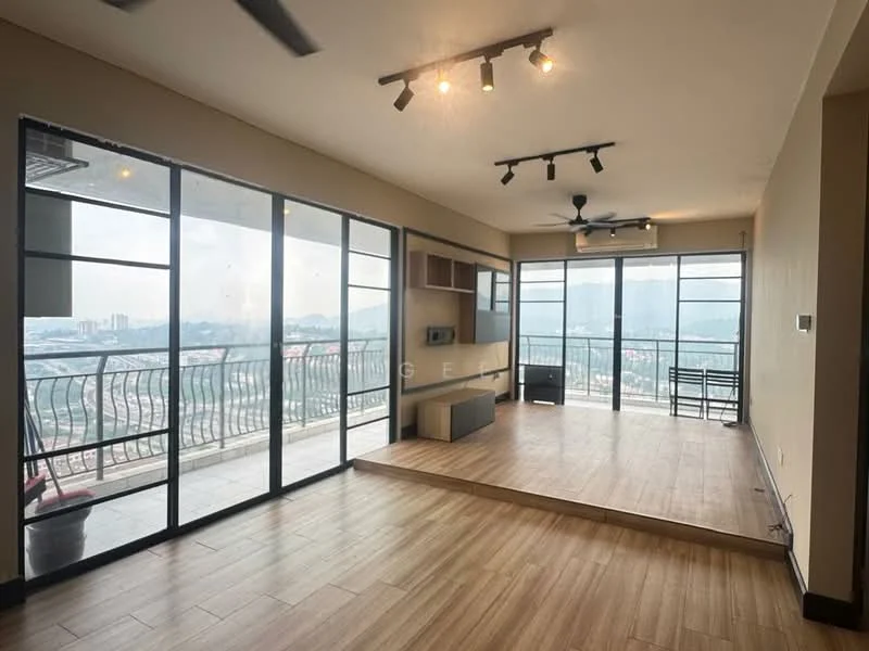 Living features: floor-to-ceiling windows, sliding glass door, wooden flooring, recessed LED downlights, 5-blade ceiling fan, wall-mounted TV console, open shelving, balcony access, city view; style: modern; view: city.