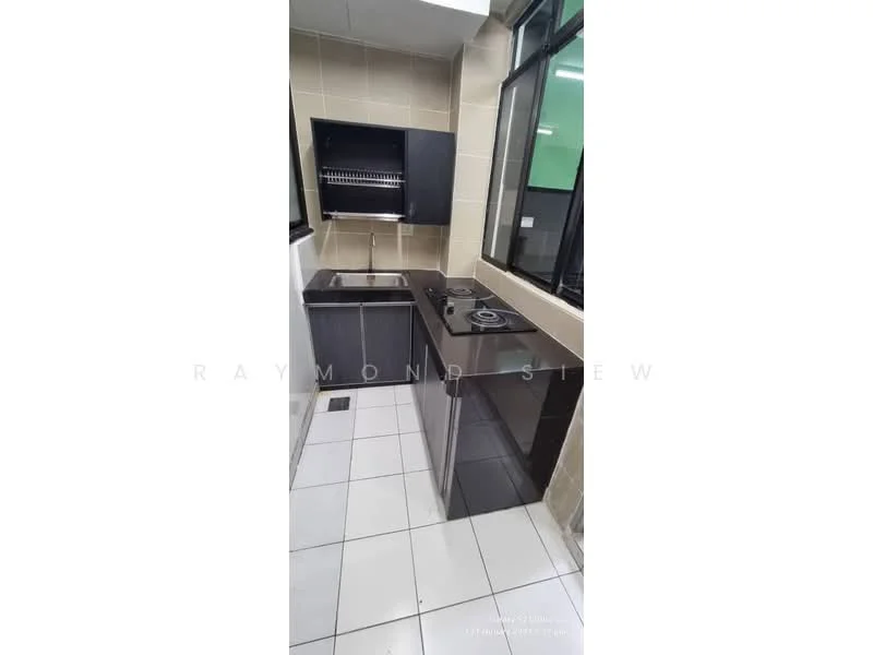 Kitchen features: black granite countertop, single-bowl stainless-steel sink, chrome pull-down faucet, 2-burner gas hob, built-in kitchen cabinet with dark wood finish, white tiled backsplash, white ceramic tile flooring, floor-to-ceiling windows, wall-mounted kitchen rack; style: modern.