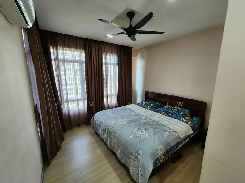 Bedroom features: queen-size bed with blue bedding, wood headboard, 2 bedside lamps, floor-to-ceiling windows, sheer curtains, brown blackout curtains, 5-blade ceiling fan with light, wall-mounted split AC, laminate flooring, decorative wall, built-in wardrobe; style: modern; view: city.
